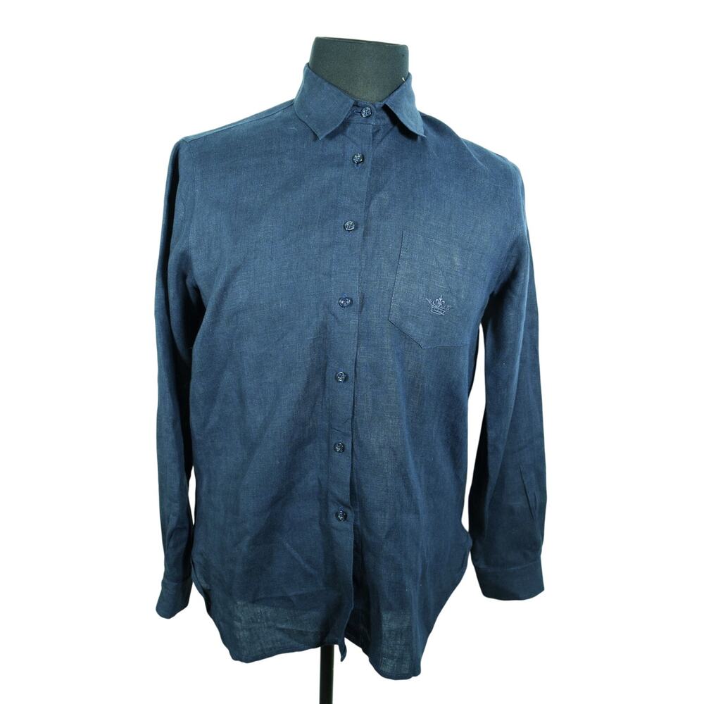 Crown Linen Designs 100% Linen Navy Men's Dress Button Up Shirt Long Sleeve Sz M